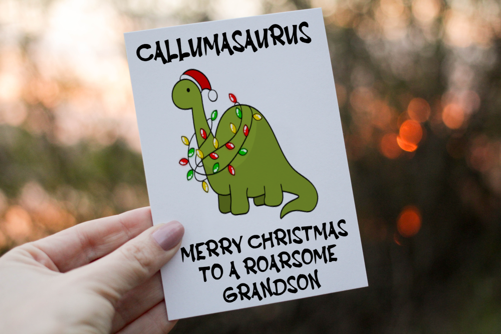 Grandson Dinosaur Christmas Card, Dinosaur Christmas Card